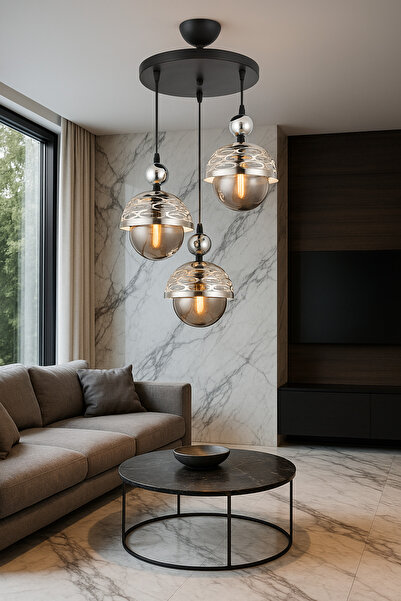 ESSLİGHT Lema 3 Lü Sarkıt Avize Füme Glob Camlı Salon Yatak Odası Mutfak