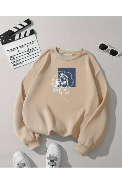 DM DOLCE MORE Φούτερ με 3 νήματα, χτενισμένο βαμβάκι, γυναικεία φιγούρα με στάμπα, λαιμόκοψη, unisex, oversize