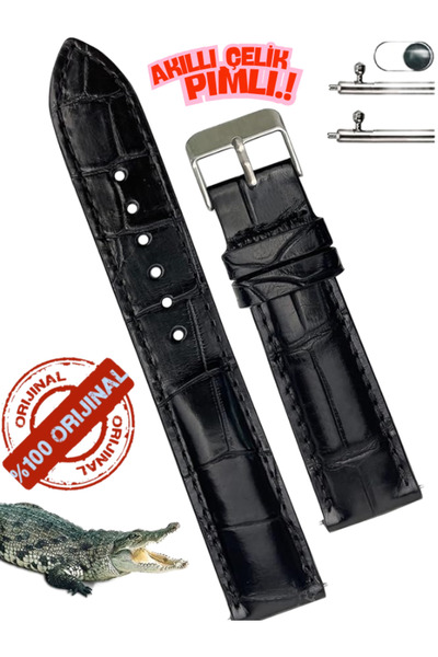 onlinekordon Fossil 22mm Saat Uyumlu Siyah Renk Croco Baskılı Deri Saat Kordo...