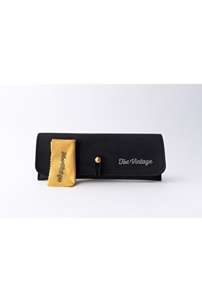 Toz Vintage Black Color Gold Accessories, Drawstring Leather Glasses Case and Glasses Cloth
