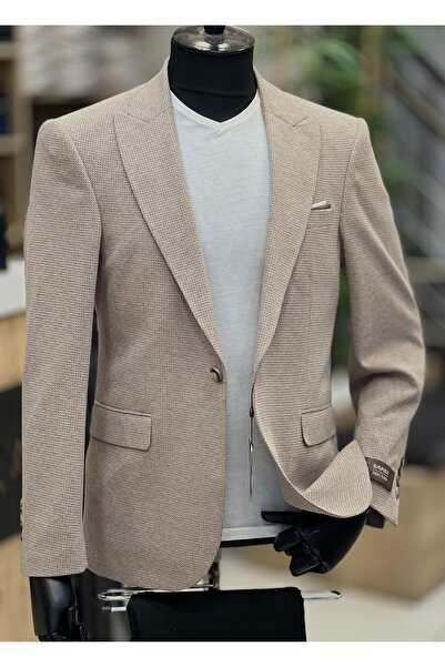 SAVARA Men's Slimfit Beige Jacket with Argyle Pattern Made of Stretchy Lycra Fabric