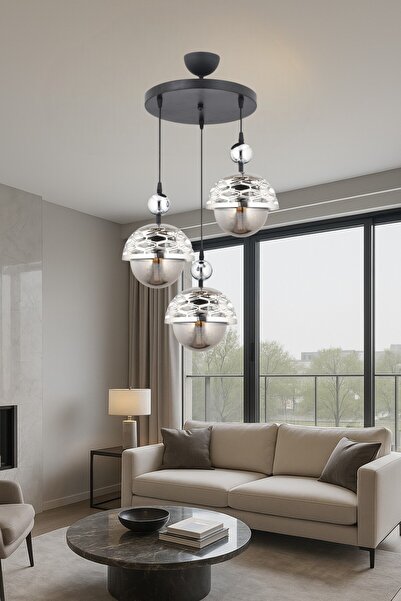 ESSLİGHT Lema 3 Lü Sarkıt Avize Füme Glob Camlı Salon Yatak Odası Mutfak