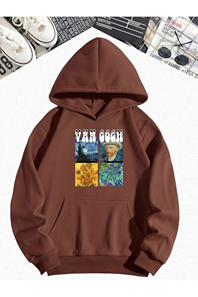 DM DOLCE MORE 3-нишка джърси кафе Van Gogh принт прекалено голяма блуза