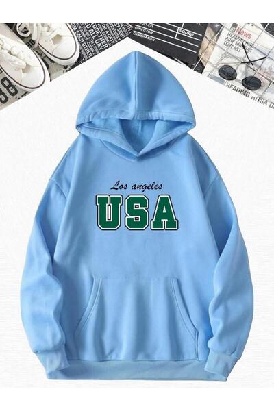 DM DOLCE MORE Φούτερ με κουκούλα με στάμπα LOS ANGELES, 3 ΚΡΕΑΤΑ ΒΑΜΒΑΚΙΑ, ΜΠΛΕ ΜΩΡΟΥ ΧΡΩΜΑΤΟΣ, OVERSIZE