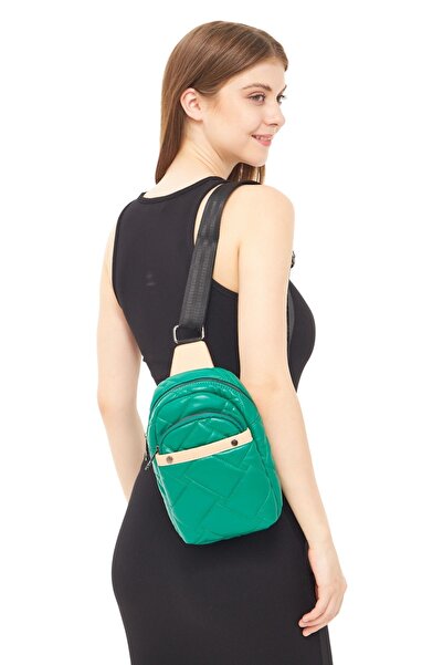 Morpelikan Women's Parachute Fabric Green Colored Three-Compartment Body Bag Shoulder Chest Bag