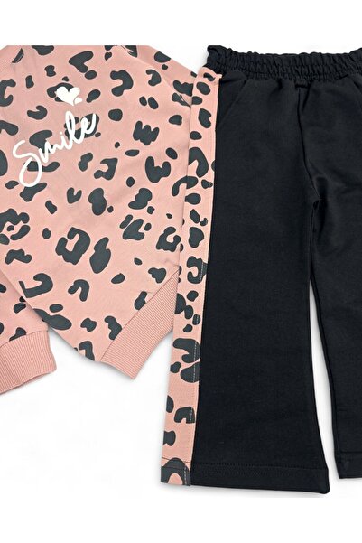 Ege Bebek Girl's Smile Printed Sweatshirt, Wide Leg Tracksuit Bottom, 2 Thread 3-10 Years Old Girl Tracksuit Set