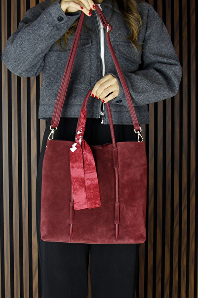 Erkan Saçmacı Burgundy Genuine Cowhide Suede Large Size Daily Shoulder Bag with Magnetic Closure, Zippered Inner Pocket and Strap