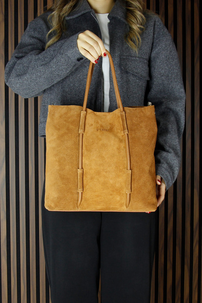 Erkan Saçmacı Tan Genuine Cowhide Suede Large Size Daily Shoulder Bag with Magnetic Closure, Zippered Inner Pocket and Strap