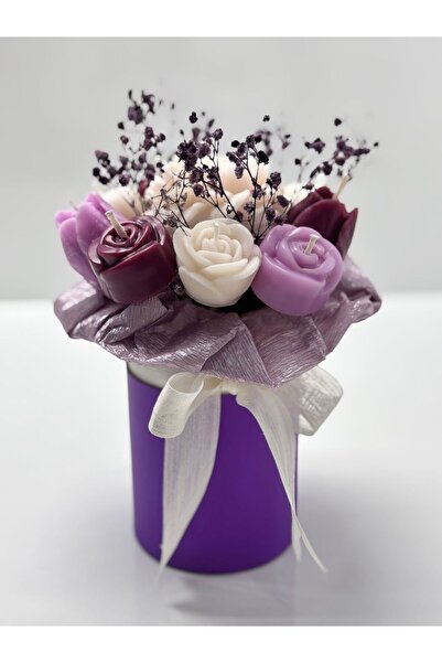atölye +1 Dekoratif mum/Buket Mum/Mor Çiçekli Dekor/Kutulu Çiçek Mum