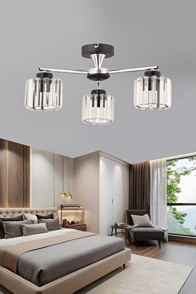 ESSLİGHT Cemre 3 Lü Plafonyer Avize KRİSTAL TAŞLI Salon Yatak Odası Mutfak