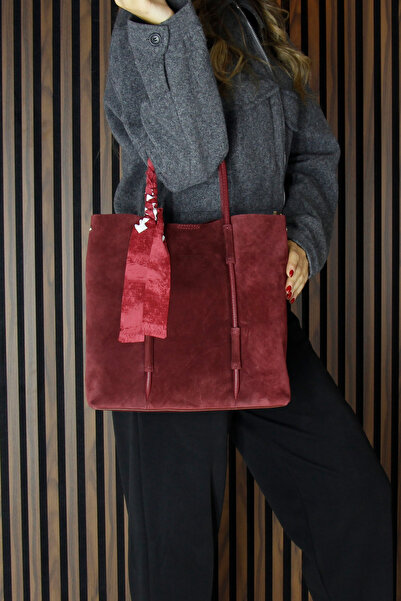 Erkan Saçmacı Burgundy Genuine Cowhide Suede Large Size Daily Shoulder Bag with Magnetic Closure, Zippered Inner Pocket and Strap