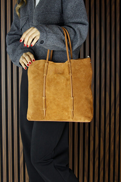 Erkan Saçmacı Tan Genuine Cowhide Suede Large Size Daily Shoulder Bag with Magnetic Closure, Zippered Inner Pocket and Strap