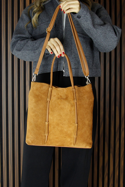 Erkan Saçmacı Tan Genuine Cowhide Suede Large Size Daily Shoulder Bag with Magnetic Closure, Zippered Inner Pocket and Strap