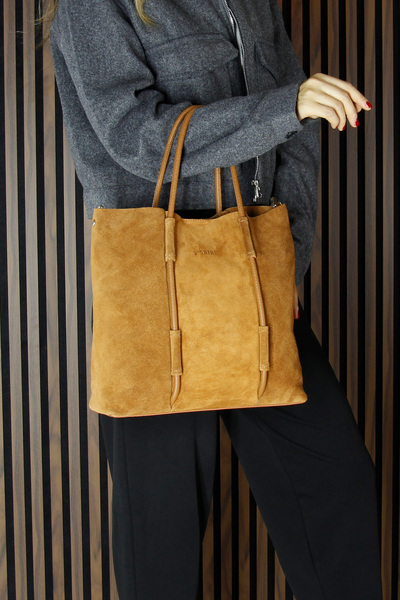 Erkan Saçmacı Tan Genuine Cowhide Suede Large Size Daily Shoulder Bag with Magnetic Closure, Zippered Inner Pocket and Strap