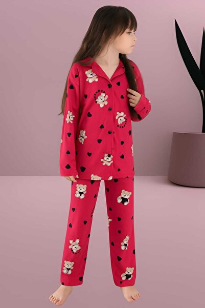 Lila Girl's Cotton Teddy Bear Patterned Buttoned Suede Pajama Set (You Can Go up One Size)