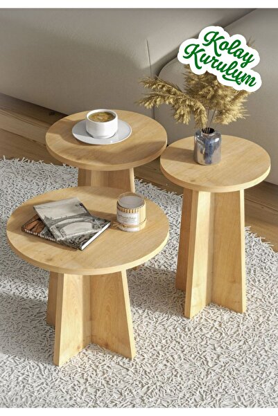 PDMPOİNT DOLAP MARKET Mantar 3'lü Zigon Sehpa İskandinav Stili - Safir Meşe