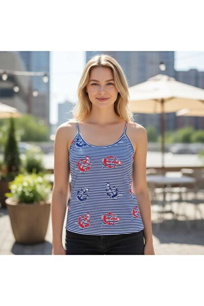 ESTA STORE Blue and White Striped Anchor Patterned String Strap Tank Top