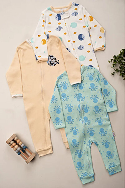 Bamoola for Babies %100 Pamuk 9-12-18 Balık Deniz 3'lü Patiksiz Manşetli Tulum (Kız Erkek Bebek Çocuk)