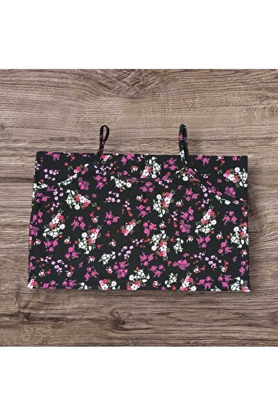 ESTA STORE Black Color Small Colorful Flower Patterned String Strap Tank Top