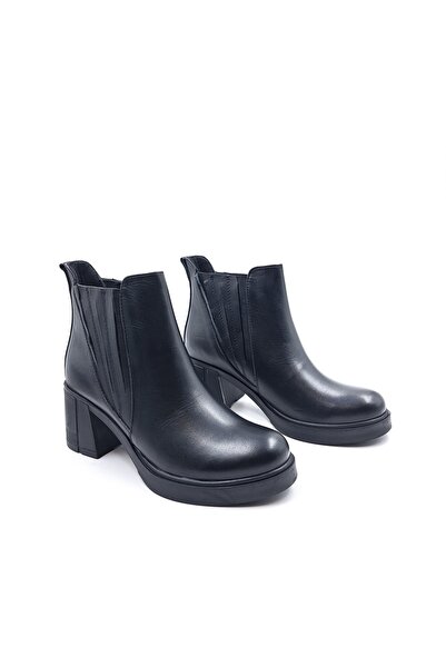 Bulldozer Genuine Leather Elastic 6 cm Thick Heeled Black Women's Boots
