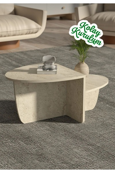 PDMPOİNT DOLAP MARKET Helen Elips Orta Sehap Yan Sehpa Mermer Desen İskandina...