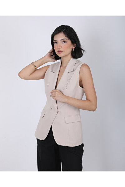 deqfashion Women's Beige Button Detailed Blazer Vest