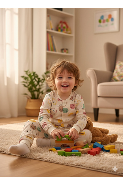 Miniworld Kız-Erkek Bebek- Çocuk Pijama Takımı %100 Pamuk Uzun Kollu Önü Çıtçıtlı Mevsimlik