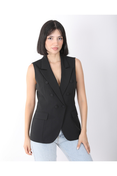 deqfashion Women's Black Button Detailed Blazer Vest