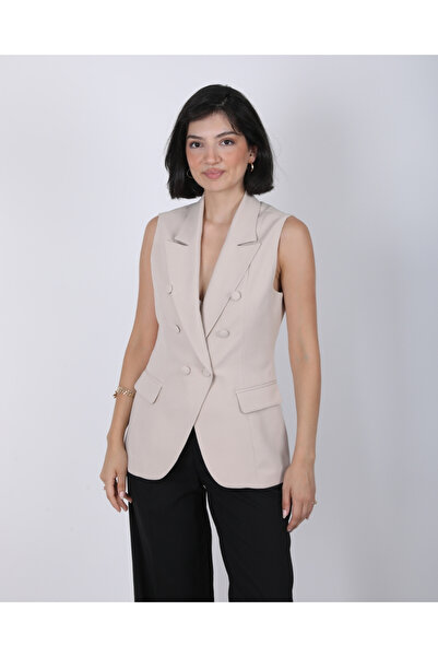 deqfashion Women's Beige Button Detailed Blazer Vest