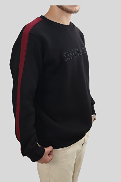 steeprockt Erkek Sweat Siyah Oversize Sweatshirt Nakışlı Bordo Şeritli Casual Kışlık Pamuklu