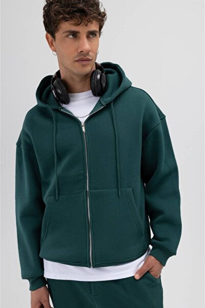İLKCET MODA Πράσινο Premium Unisex Oversize Hoodie με φερμουάρ