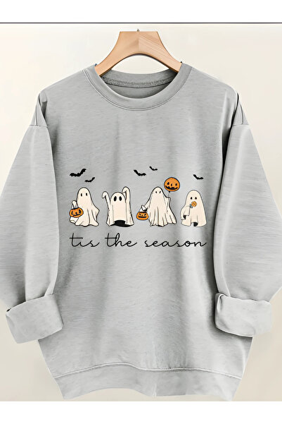 BEETON سويت شيرت شتوي سميك بطابع الهالوين - سويت شيرت كبير الحجم برقبة دائرية...