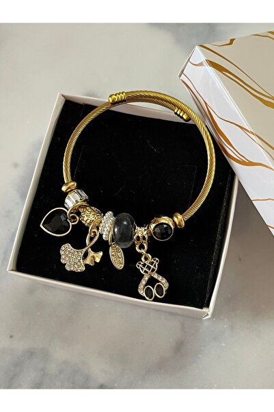 H&T acsessories Kadın Çelik Gold Charm Bileklik (Takı kutusu hediyeli)