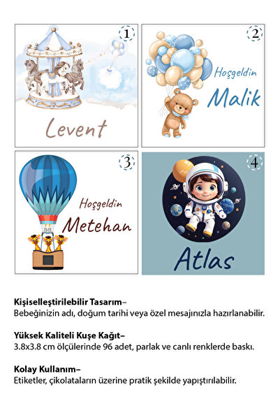 atolyetashane Kişiye Özel Kesilmiş Hazır Kare Bebek Çikolata Etiketleri – 96 ...