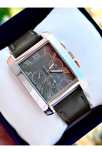 Weluxa Roman Numeral Silver Color Case Khaki Green Leather Band Men's Wrist Watch