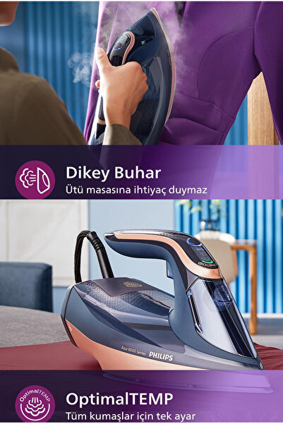 Philips 8000 Serisi Azur Buharlı Ütü, 3000W, 260g Turbo Şok Buhar, 85g/dk Sürekli Buhar, Sıfır Yanık Riski