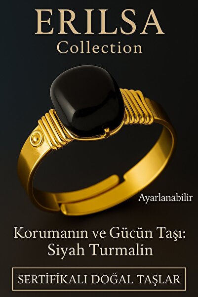 Tesbih Atölyesi Certified Thick Tımbıl Gold Model Black Tourmaline Stone Ring - Adjustable