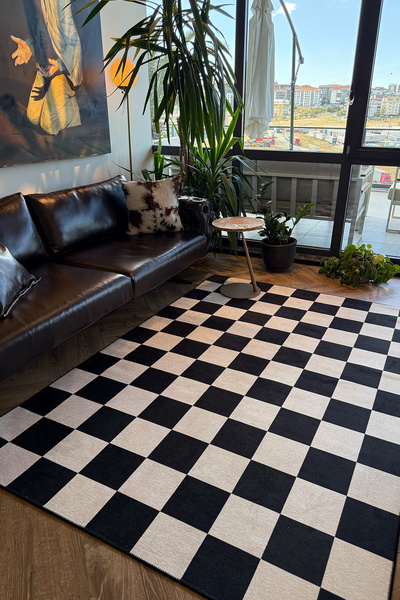 Genel Markalar Odessa 501 Damalı Halı Siyah Krem Yıkanabilir Dokuma Taban İnc...