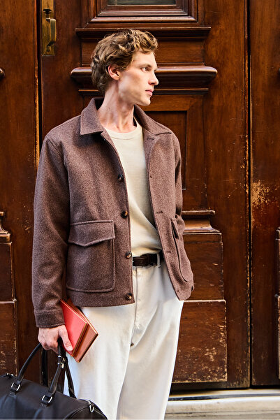 Danger Мъжка риза с яка и копчета Кашмирено палто Кафяво