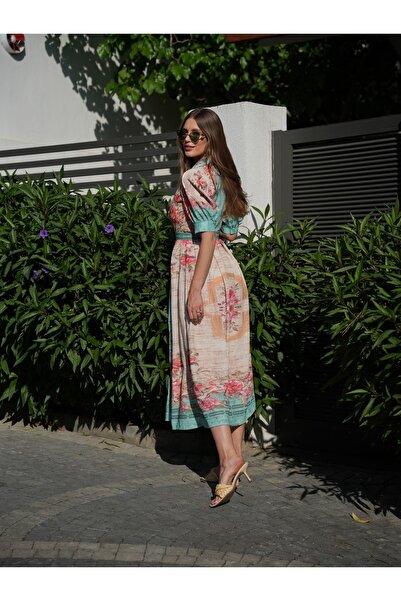 ByRanaBuyuk Μακρύ φόρεμα με μανίκια καρπούζι με πράσινο λουλουδάτο σχέδιο