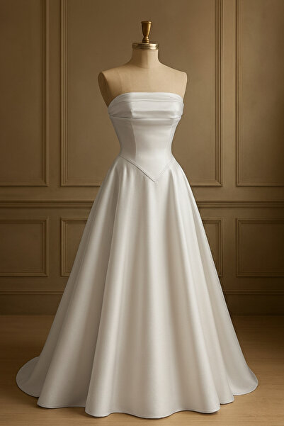 ASL Drape Detaylı Straplez Gelinlik