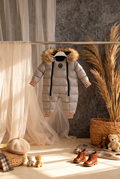 HÇ Hülya Çelik KİDSWEAR 2018 Astronaut Jumpsuit Double Zipper Fur Hooded Gray Jumpsuit