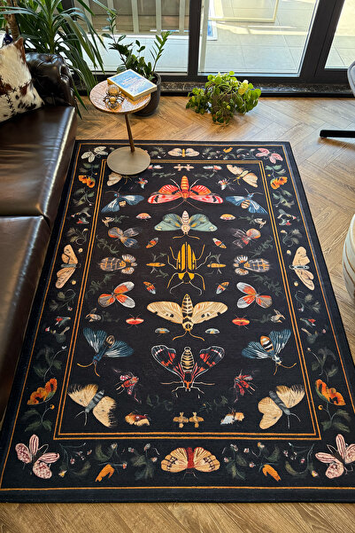 Genel Markalar Fiora 218 Siyah Kelebekli Çiçekli Halı Tasarım Modern Oturma Odası İnce Yazlık Ev Oda Salon Halısı