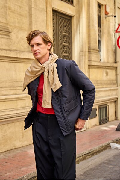 Danger Navy Blue Contrast Collar Men's Coat Jacket