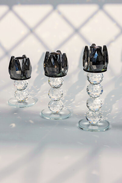 Yaren Style Siyah Kristal Cam Mumluk Şamdan 3’lü Set – El İşçiliği Lotus Başl...