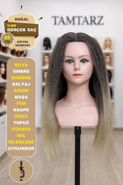 TAM TARZ دمية تدريب على تصفيف الشعر بكتف من الشعر الطبيعي 100% + جهاز طاولة /...