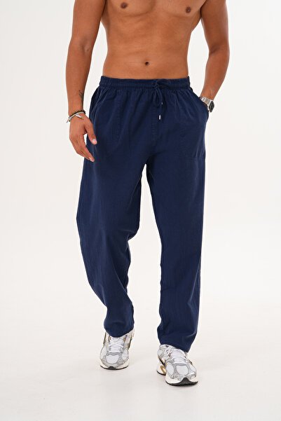 BigBrossBoutique Navy Blue Men's Summer Cotton Linen Blended Comfortable Fit Trousers