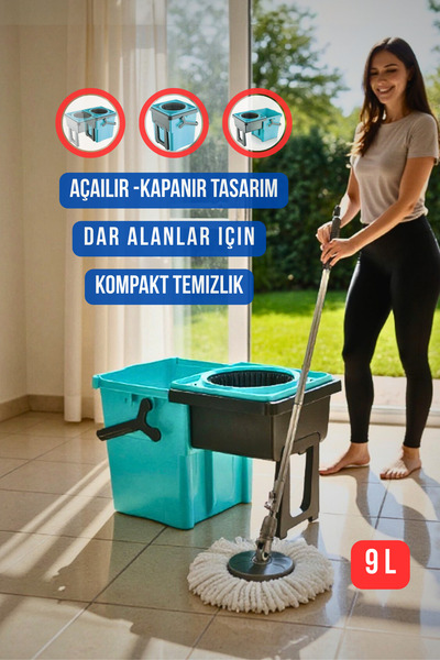 Elefan Pratik Açılır Kapanır Mop Seti 9 Lt - 360° Döner Başlıklı, Kompakt Temizlik Seti, Dar Alanlar İçin
