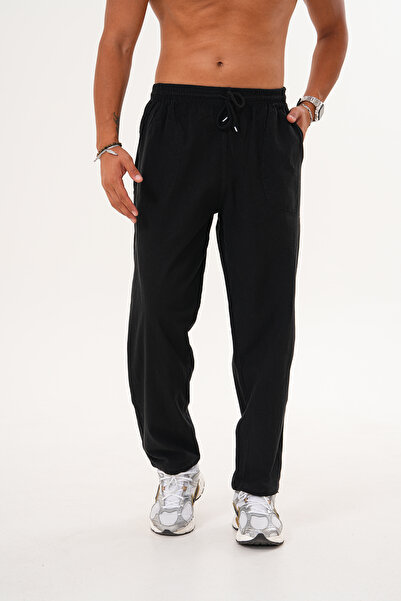 BigBrossBoutique Siyah Erkek Pamuk Keten Karışımlı Rahat Kalıp Pantolon