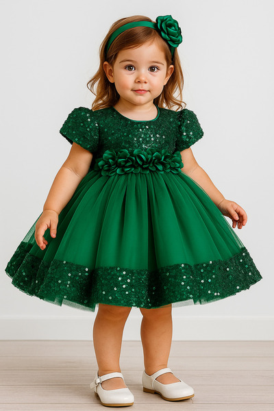 miço kids Rochie pentru fetiță cu mânecă cu balon cu paiete verde